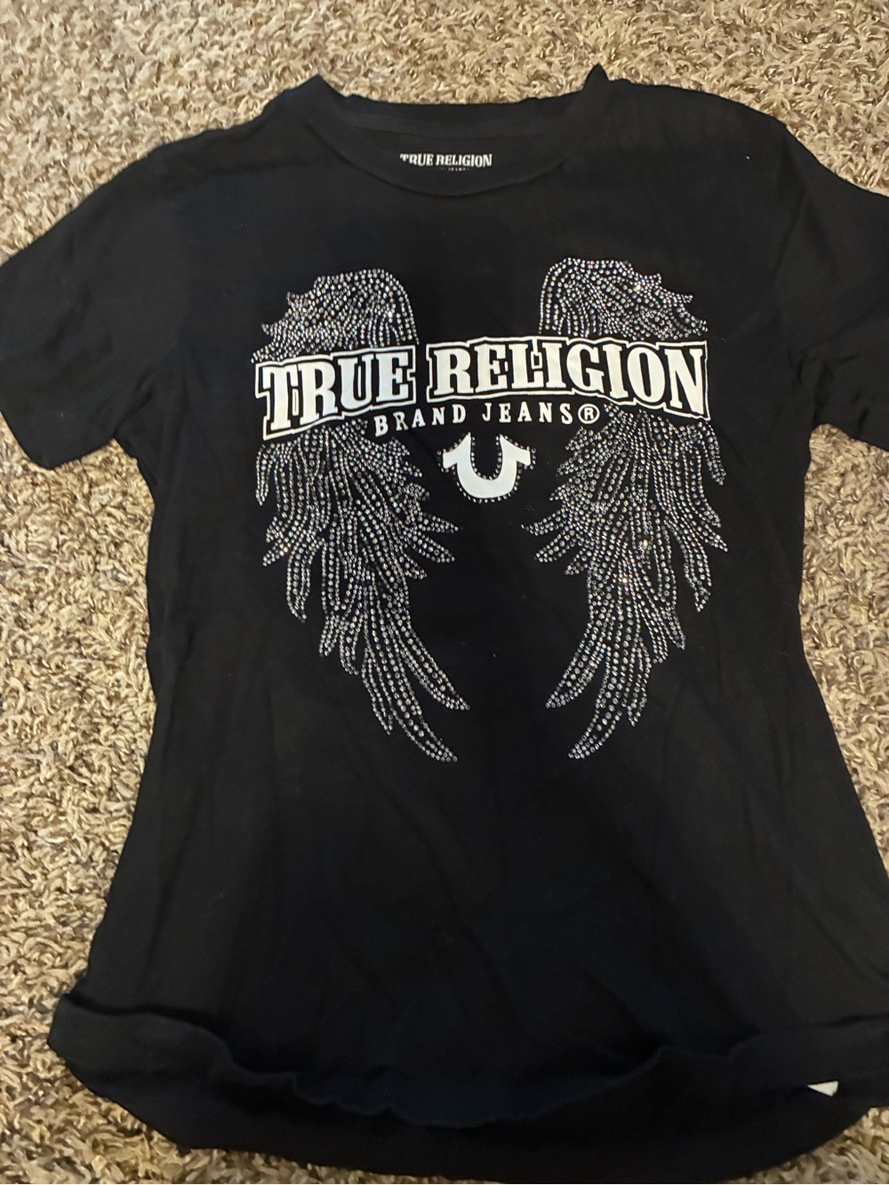 True Religion Black Short Sleeve Tee with Embellished Angel Wings